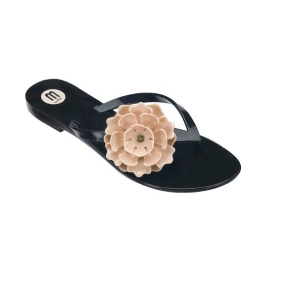 Melissa Harmonic Black with Beige Flower Jelly Rubber Flip Flop Sandals Size 8 - Picture 1 of 8